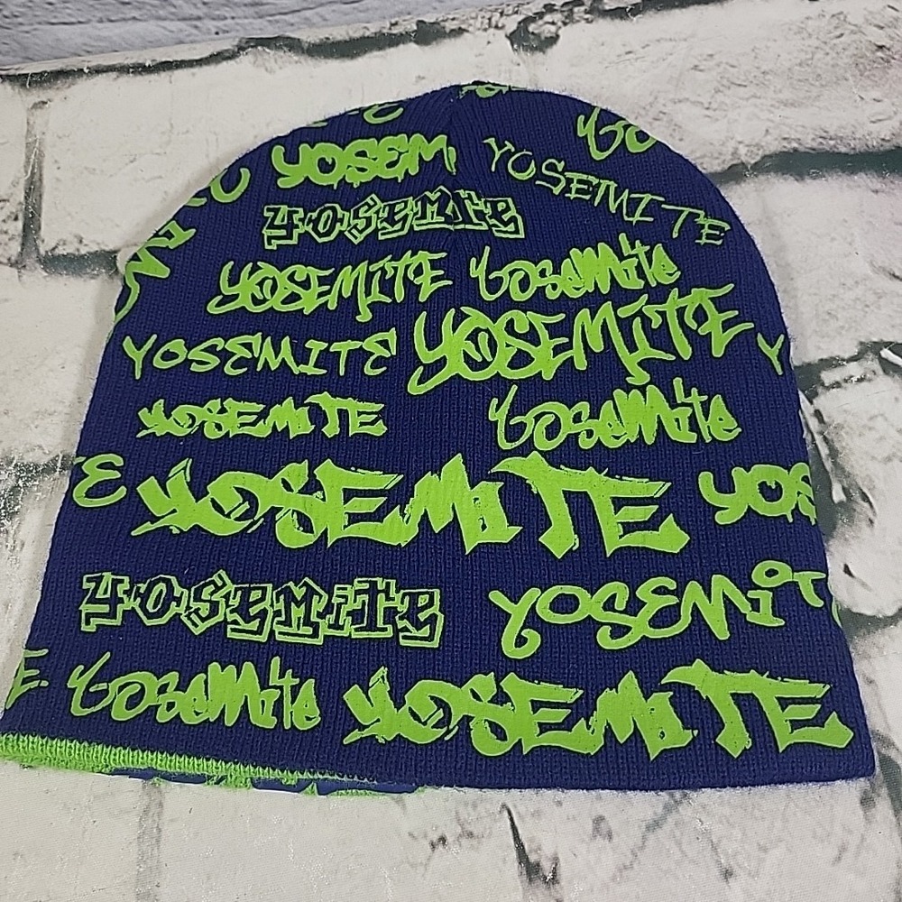 Yosemite National Park Reversible Beanie Skull Cap Blue Green Graffiti Print OS
